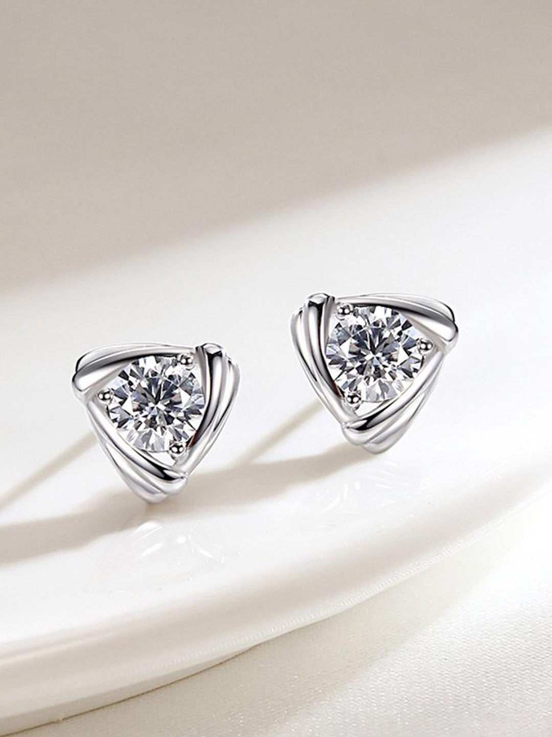 

MYKI Silver-Toned Triangular CZ-Studed Earrings