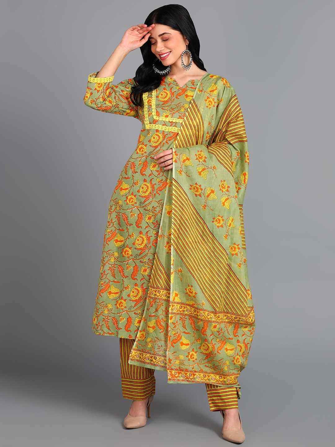 

KALINI Floral Printed Regular Pure Cotton Kurta with Trousers & Dupatta, Green