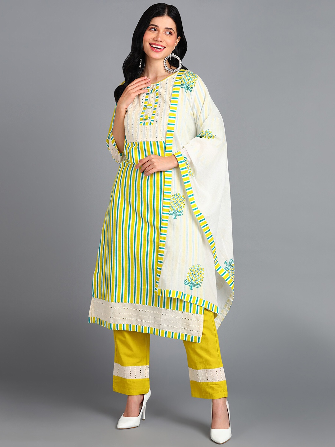 

KALINI Striped Pure Cotton Kurta & Trousers With Dupatta, Yellow