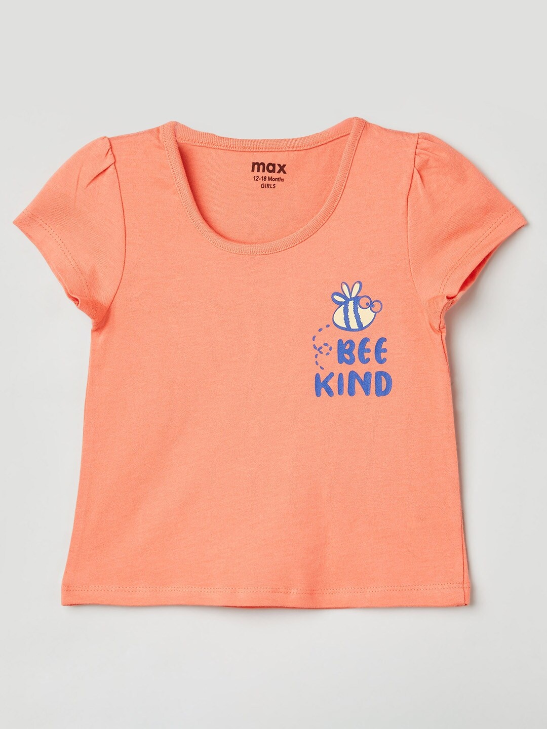 max Girls Typography Printed Puffed Sleeves Pure Cotton T-Shirt, Peach