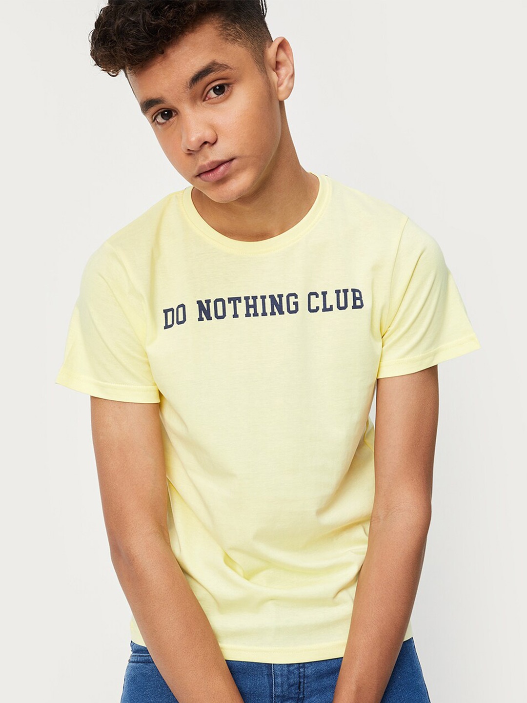 max Boys Typography Printed Cotton T-shirt, Yellow