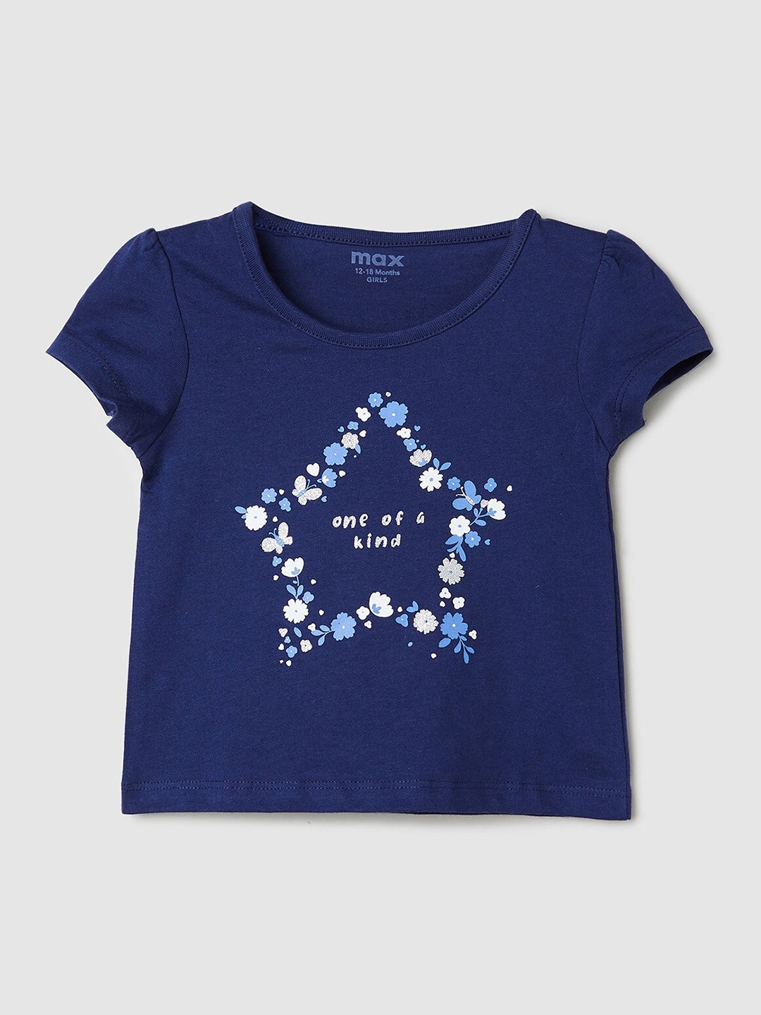 

max Girls Typography Printed Puff Sleeves Pure Cotton T-shirt, Navy blue