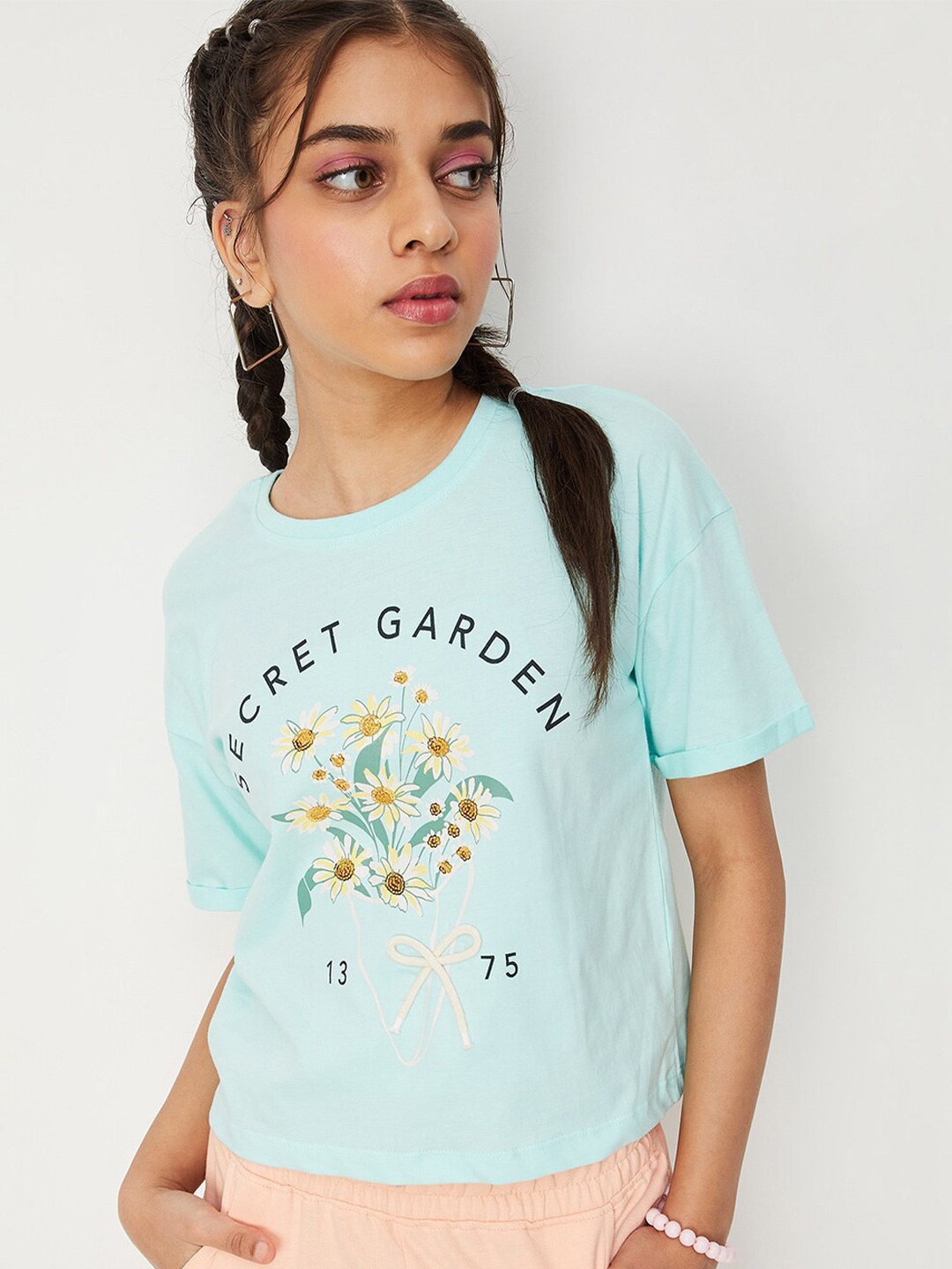 

max Girls Floral Printed Drop-Shoulder Sleeves Pure Cotton Crop T-Shirt, Blue