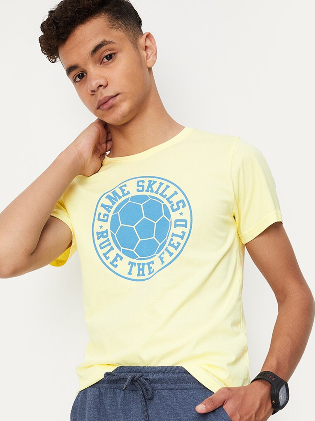 

max Boys Typography Printed Pure Cotton T-Shirt, Yellow