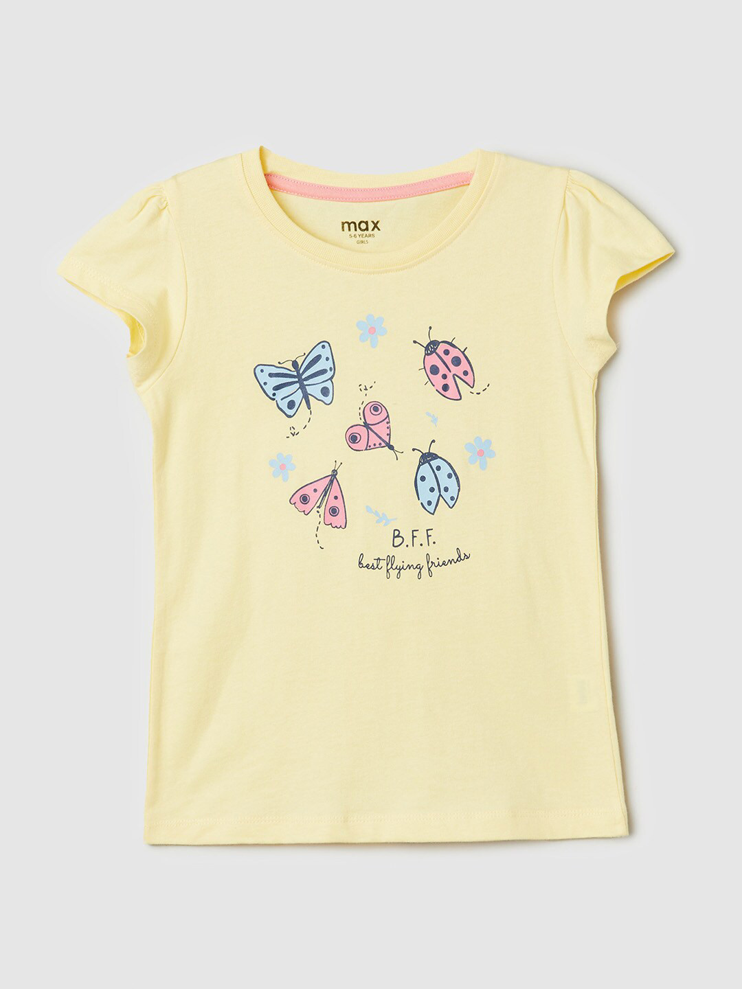 

max Girls Graphic Printed Puff Sleeves Pure Cotton T-shirt, Yellow