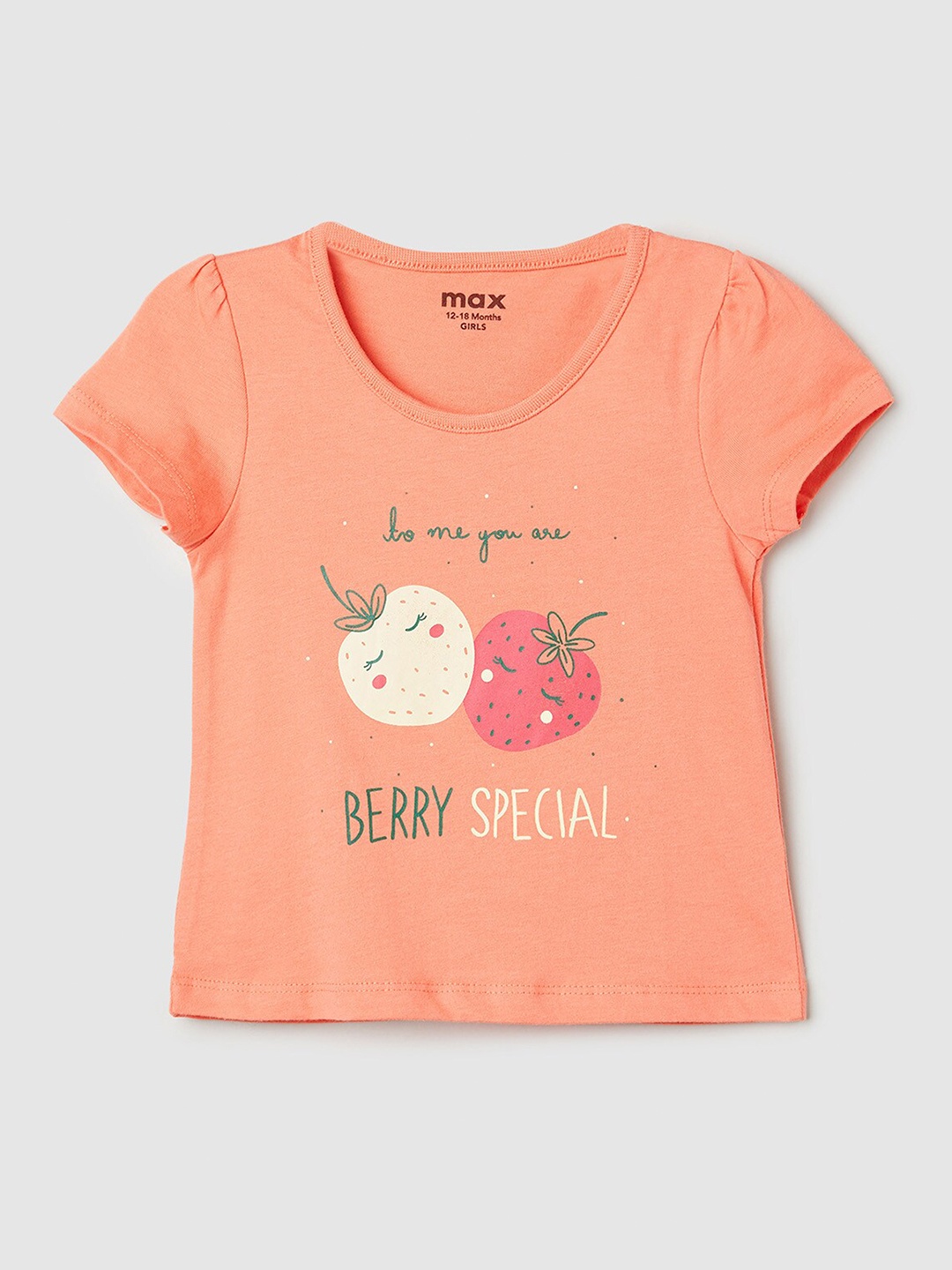 

max Girls Graphic Printed Puffed Sleeves Pure Cotton T-Shirt, Peach
