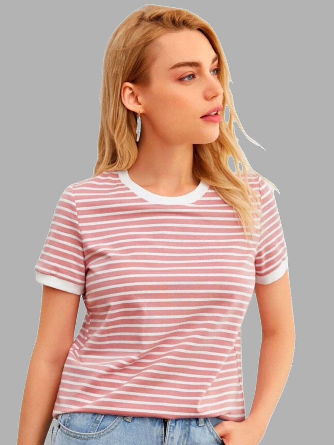 

Dream Beauty Fashion Striped Round Neck Regular T-Shirt, Pink