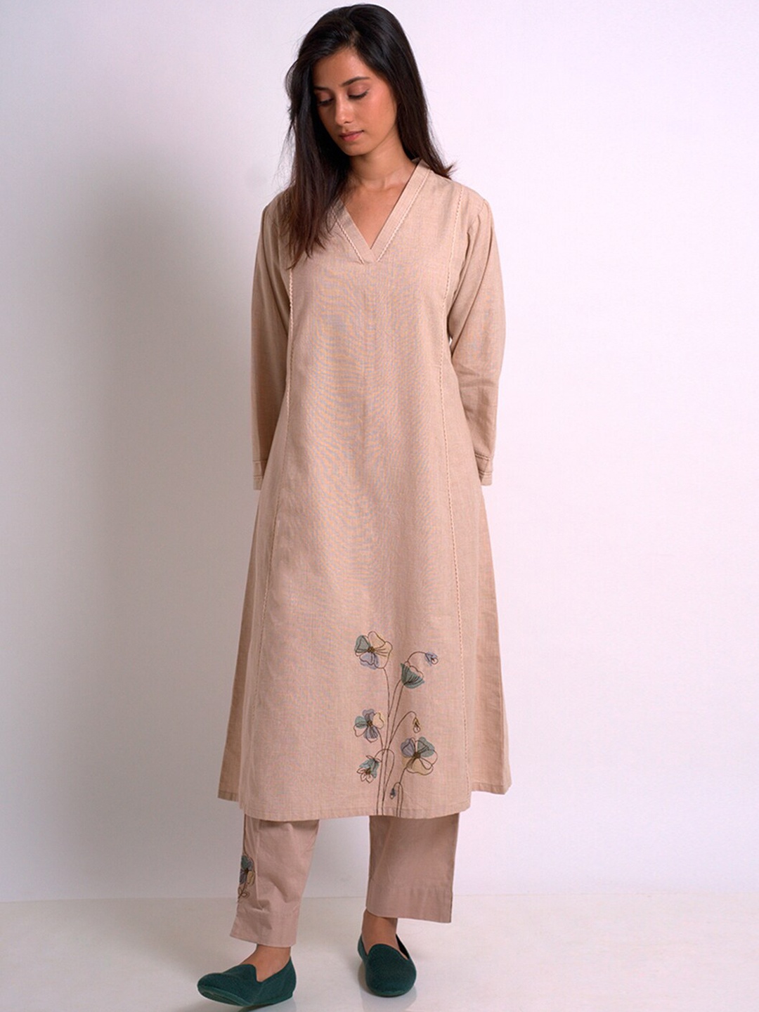 

Ganga Floral Printed V Neck Pure Cotton Pakistani Style Kurta With Palazzos, Beige