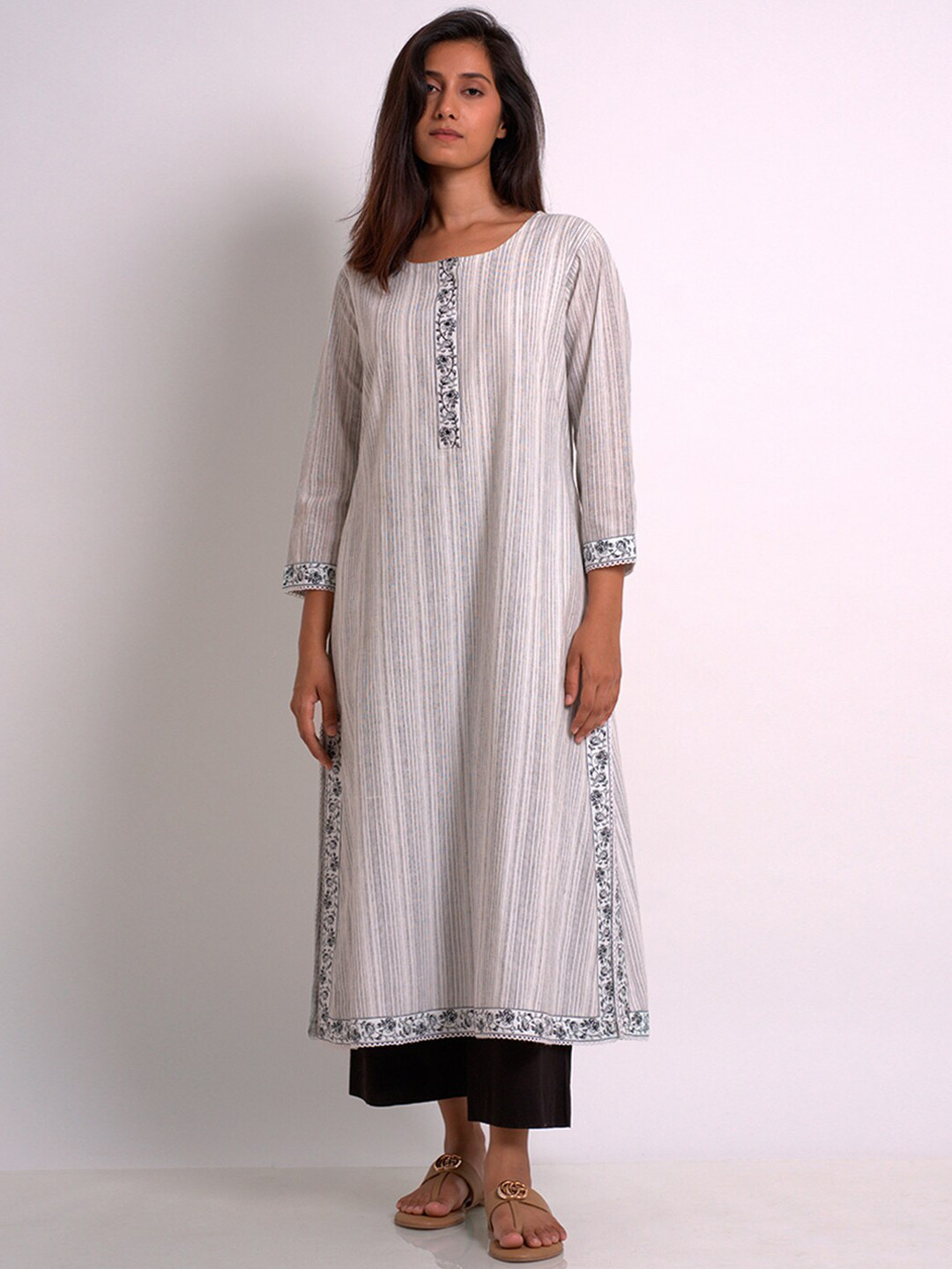 

Ganga Striped Embroidered Pure Cotton Kurta with Palazzos, White