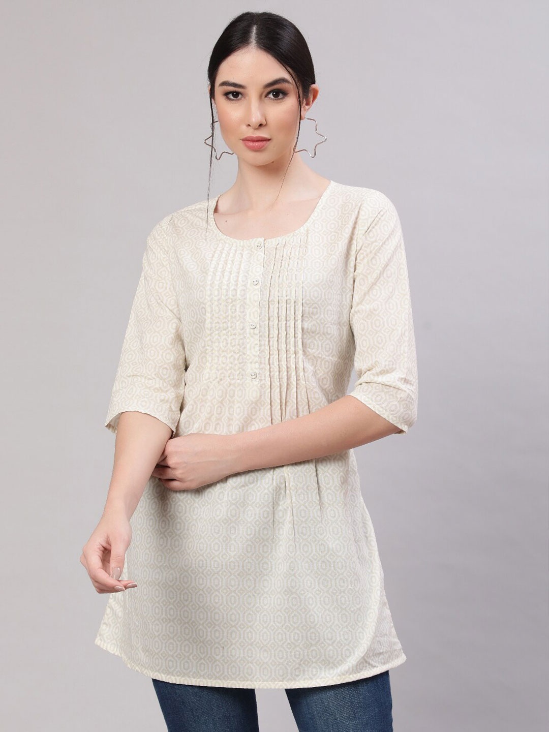 

Nayo Cream-Coloured Printed Pleated Cotton Straight Tunic