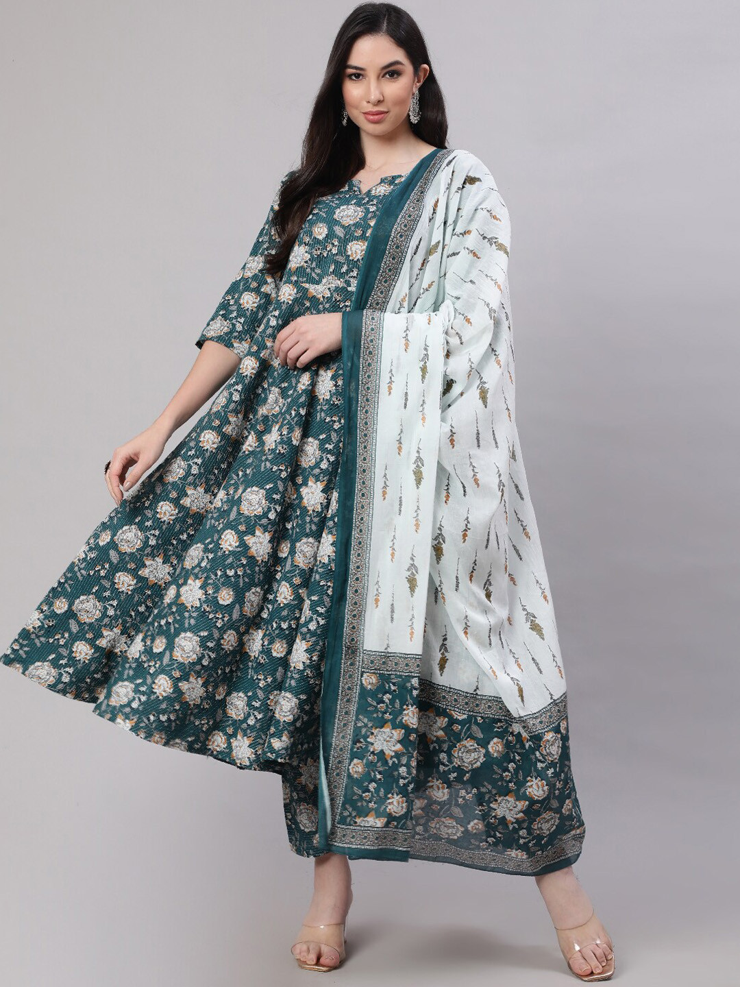 

Nayo Green, White & Mustard Floral Printed Pure Cotton Kurta & Trousers With Dupatta