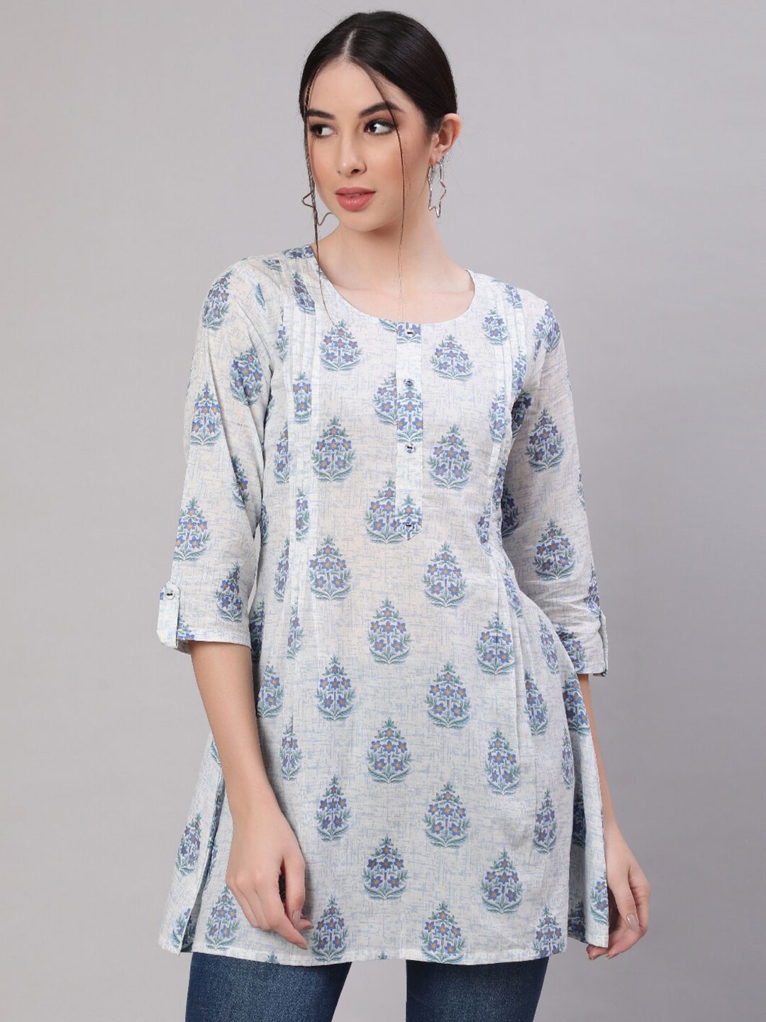 

Nayo Off White & Blue Printed Cotton Tunic