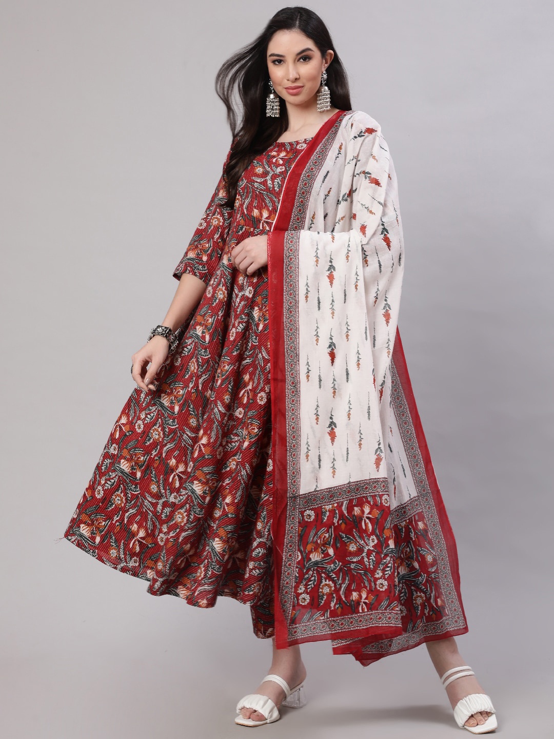 

Nayo Floral Printed Pure Cotton Kurta With Trousers & Dupatta, Maroon