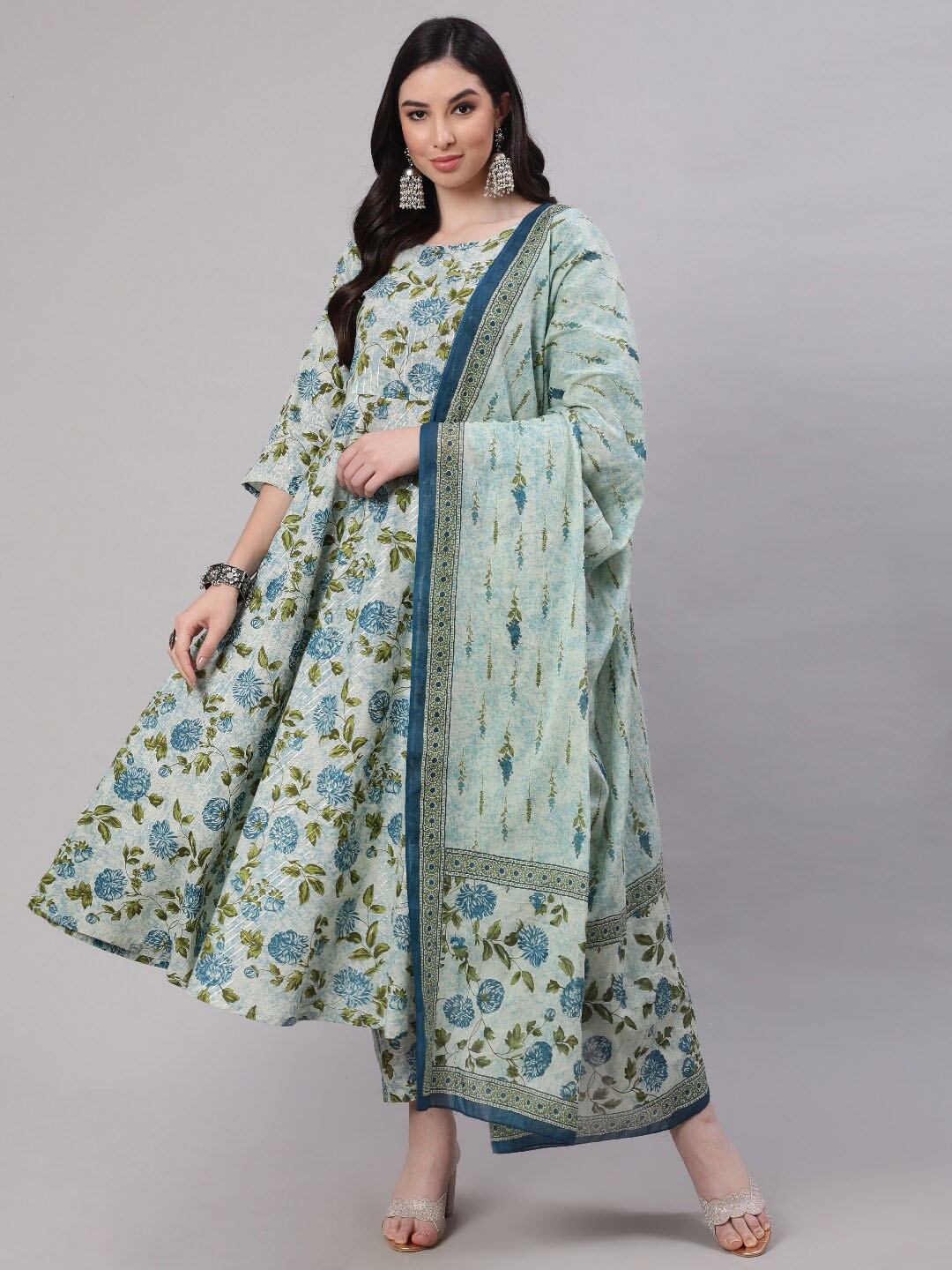 

Nayo Floral Printed Pure Cotton Kurta With Trousers & Dupatta, Grey