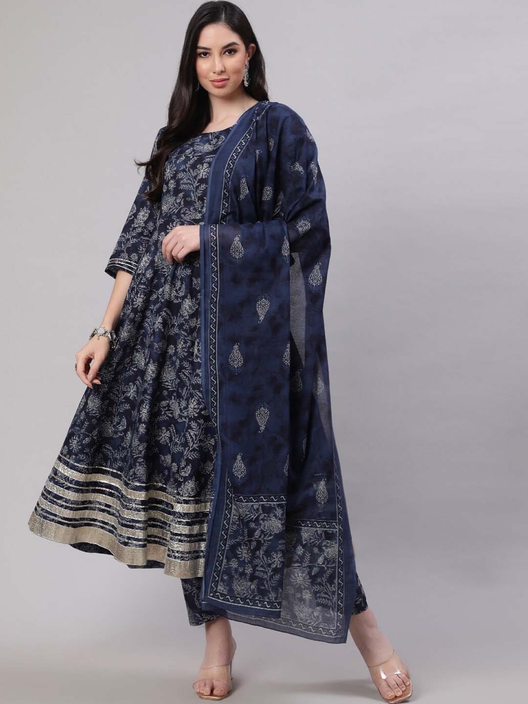 

Nayo Floral Printed Pure Cotton Kurta with Trousers & Dupatta, Blue