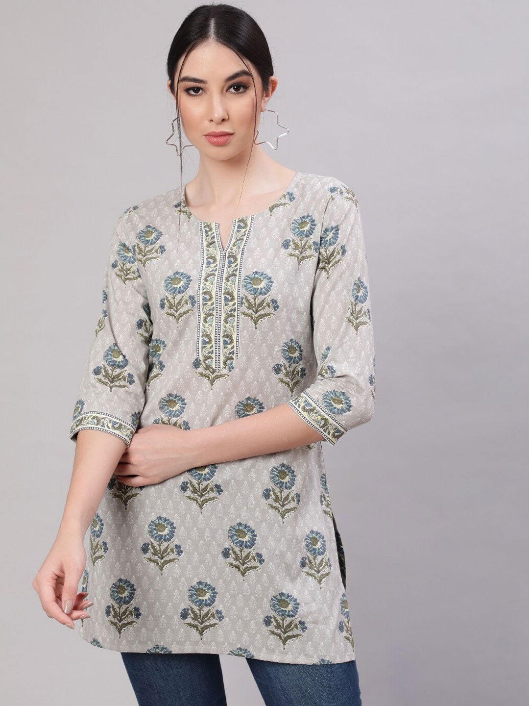 

Nayo Grey And Blue Printed Cotton Straight Tunic