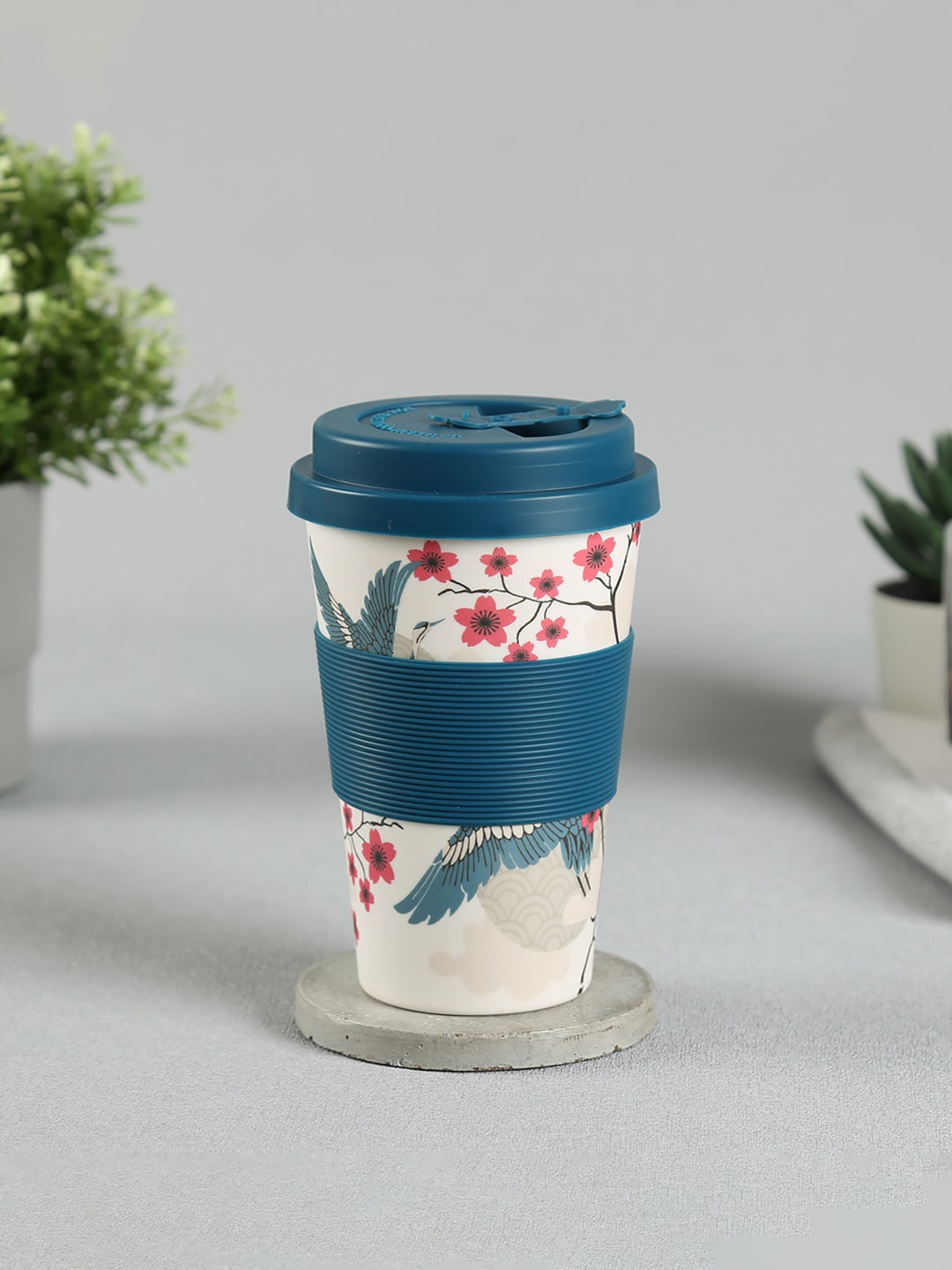 

India Circus by Krsnaa Mehta Cream-Coloured & Blue Printed Bamboo Matte Frankie Cup 450ml