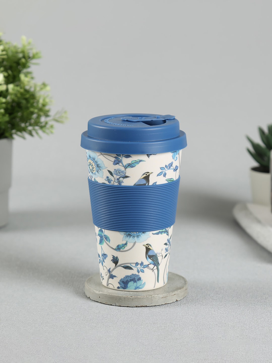 

India Circus by Krsnaa Mehta Azur Blooms Cream-Coloured Printed Bamboo Matte Cup 450 ml