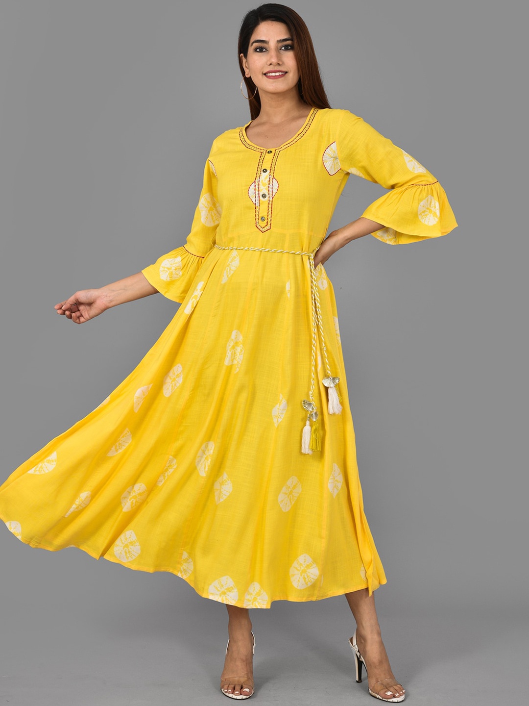 

KALINI Floral Printed Ethnic Dress, Yellow
