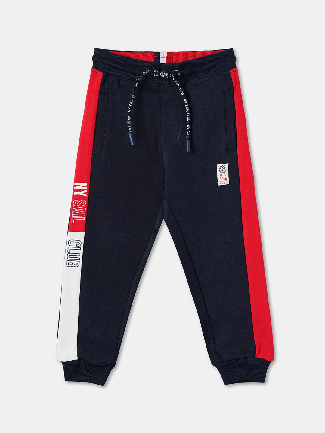 

R&B Boys Typography Printed Mid-Rise Relaxed Fit Cotton Joggers, Navy blue