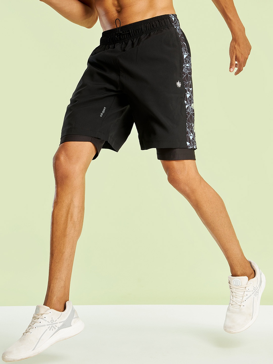 

CULT Men Graphic Printed Running Shorts With Inner Tights, Black