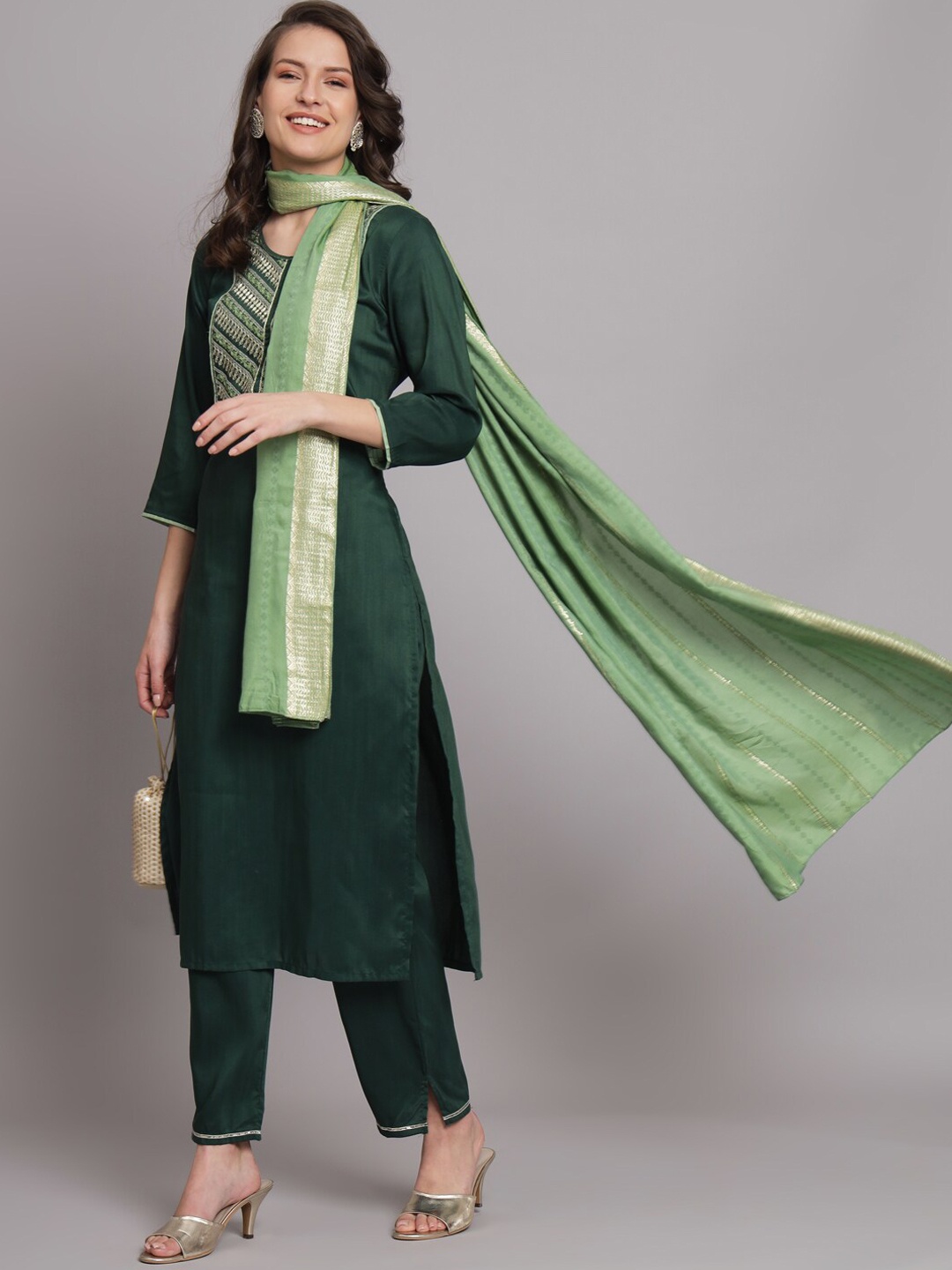 

KALINI Sequinned Embellished Yoke Design Kurta & Trousers With Dupatta, Green