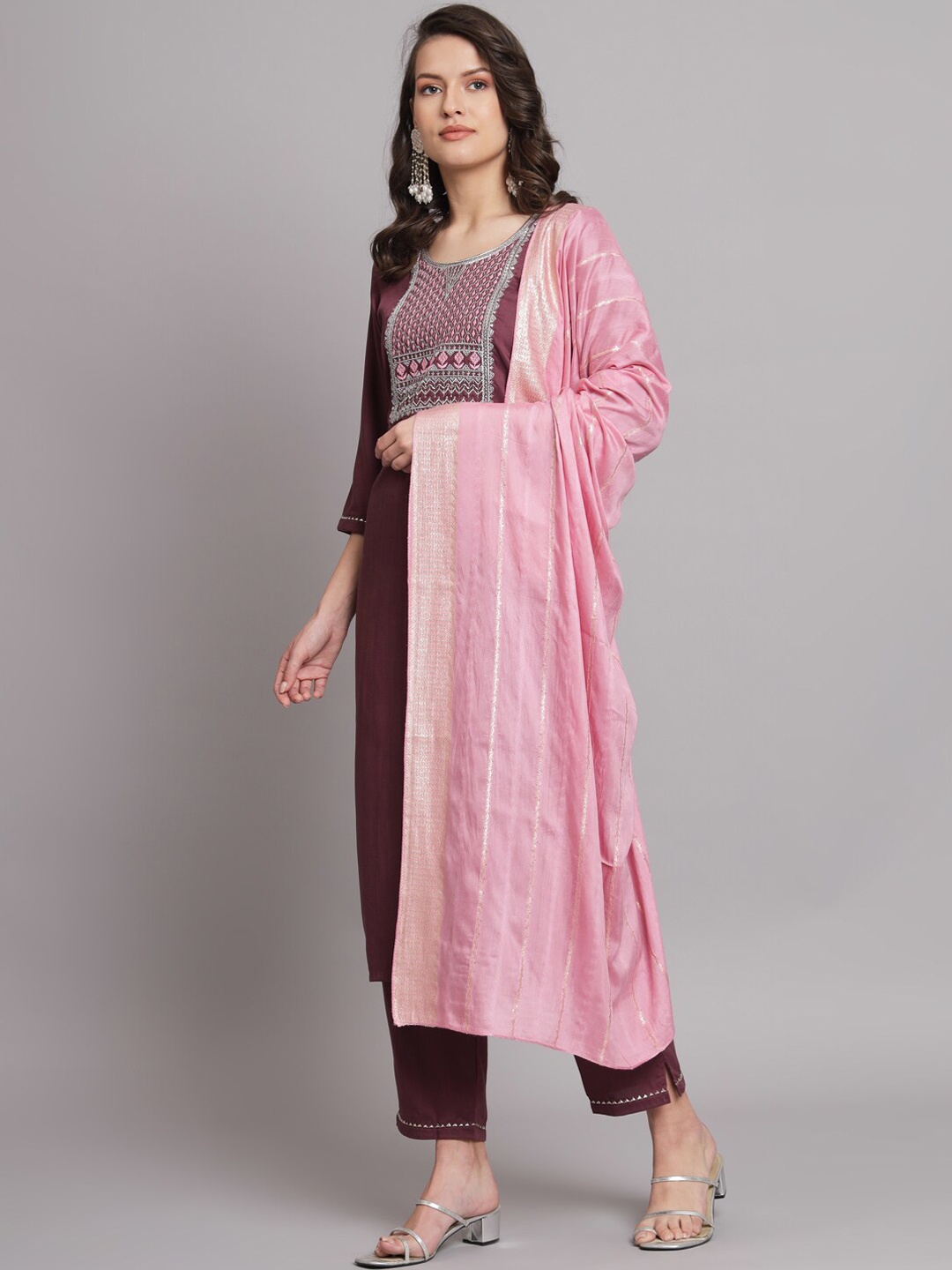 

KALINI Embroidered Kurta with Trousers & Dupatta, Purple