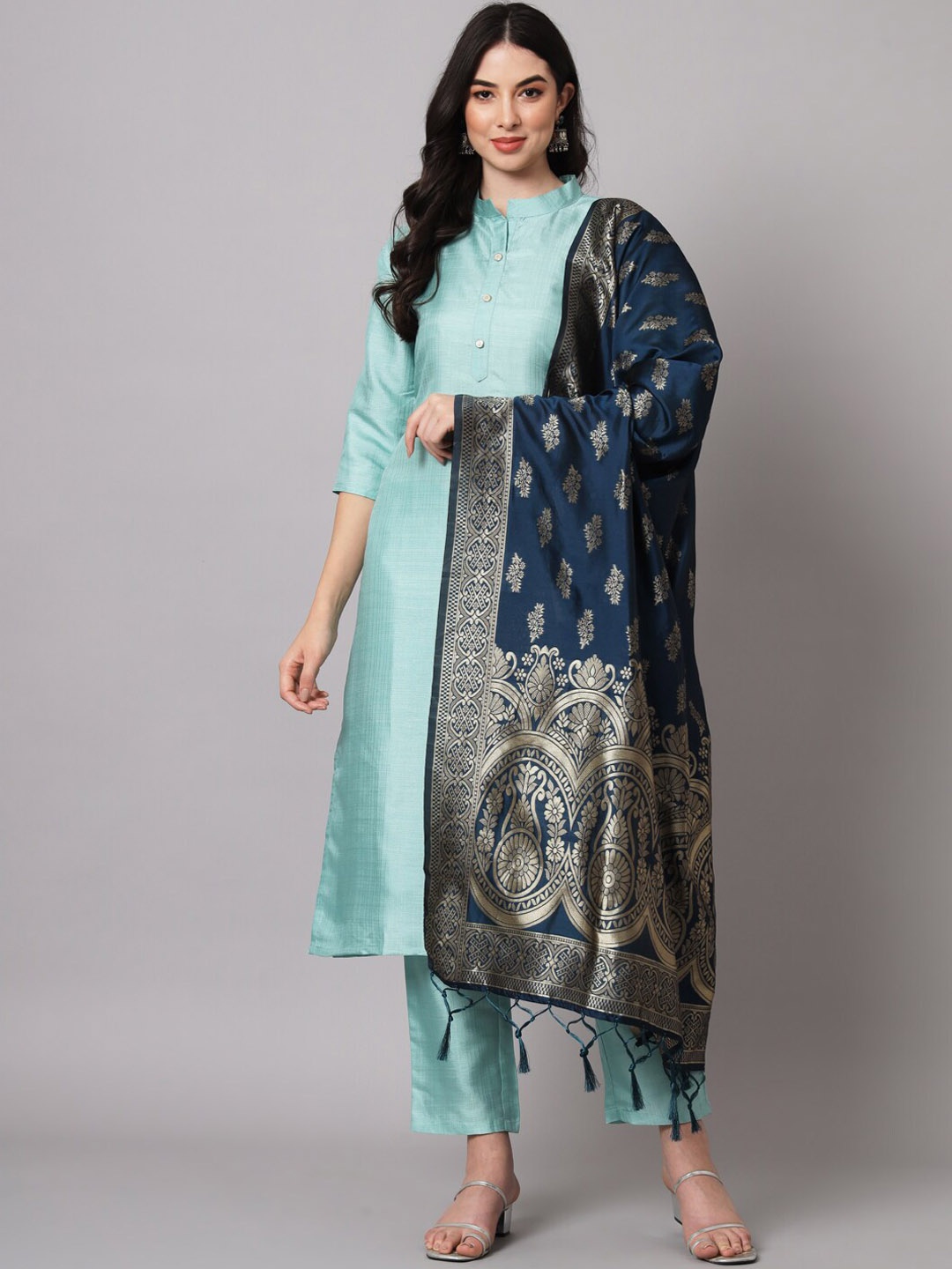 

KALINI Cotton Silk Blend Kurta with Trousers & Banarasi Silk Dupatta, Blue