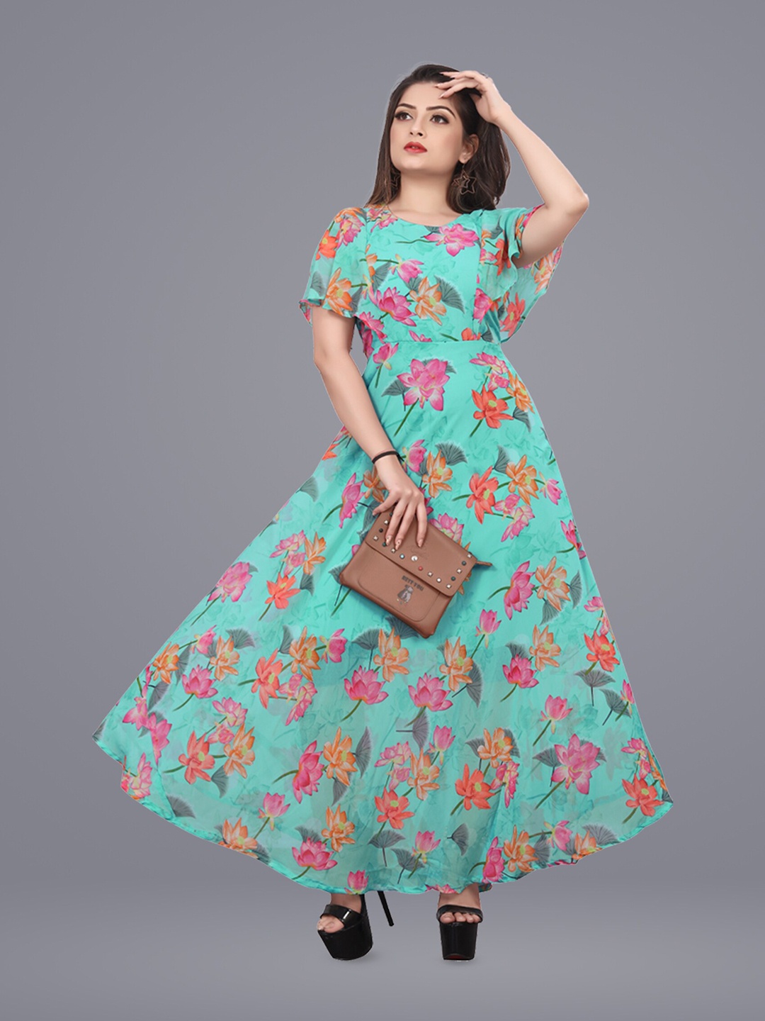 

N N ENTERPRISE Floral Printed Cape Sleeve Crepe Maxi Dress, Turquoise blue