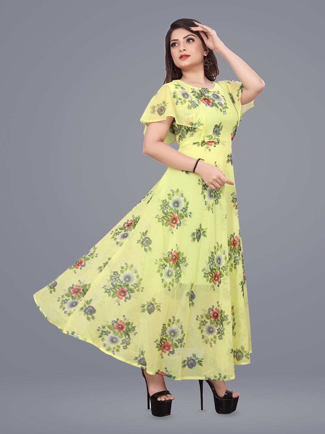 

N N ENTERPRISE Floral Printed Cape Sleeve Crepe Maxi Dress, Yellow