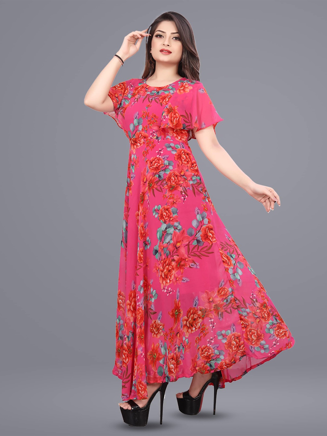 

N N ENTERPRISE Floral Printed Cape Sleeve Crepe Maxi Dress, Pink