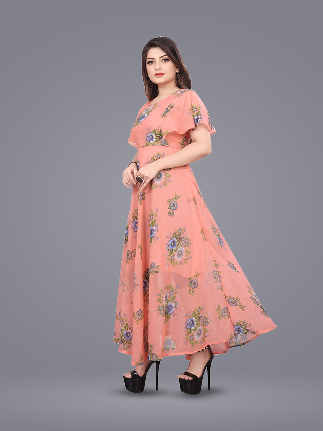 

N N ENTERPRISE Floral Printed Flutter Sleeves Fit & Flare Maxi Dress, Peach