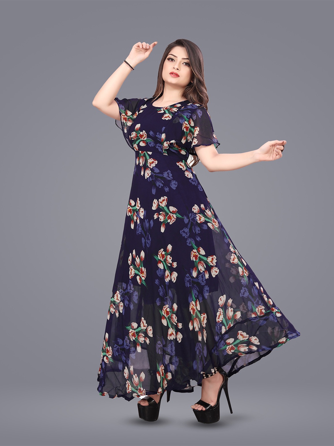 

N N ENTERPRISE Floral Print Flared Sleeve Crepe Fit & Flare Maxi Dress, Navy blue