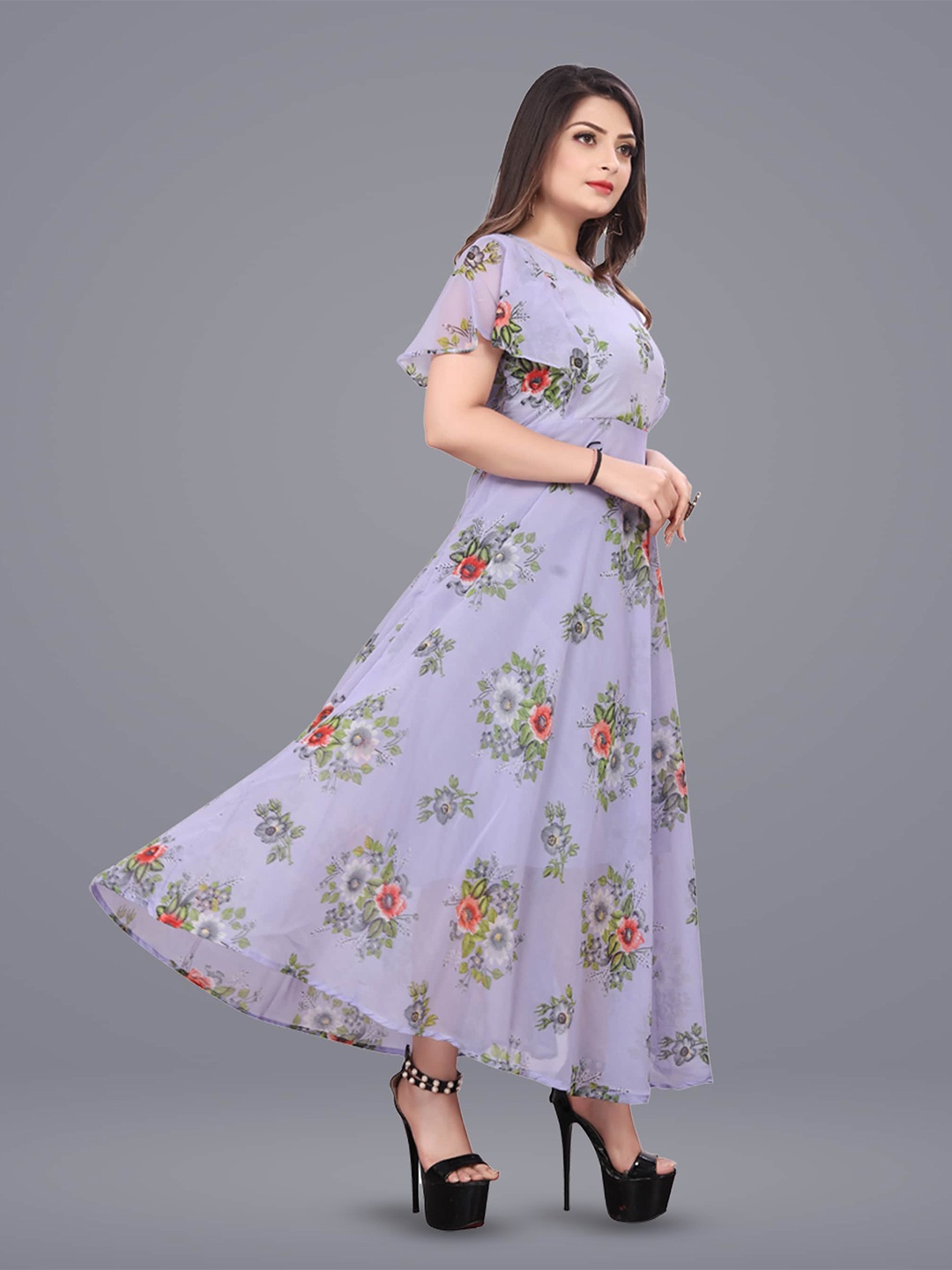 

N N ENTERPRISE Floral Print Flared Sleeve Crepe Fit & Flare Maxi Dress, Purple