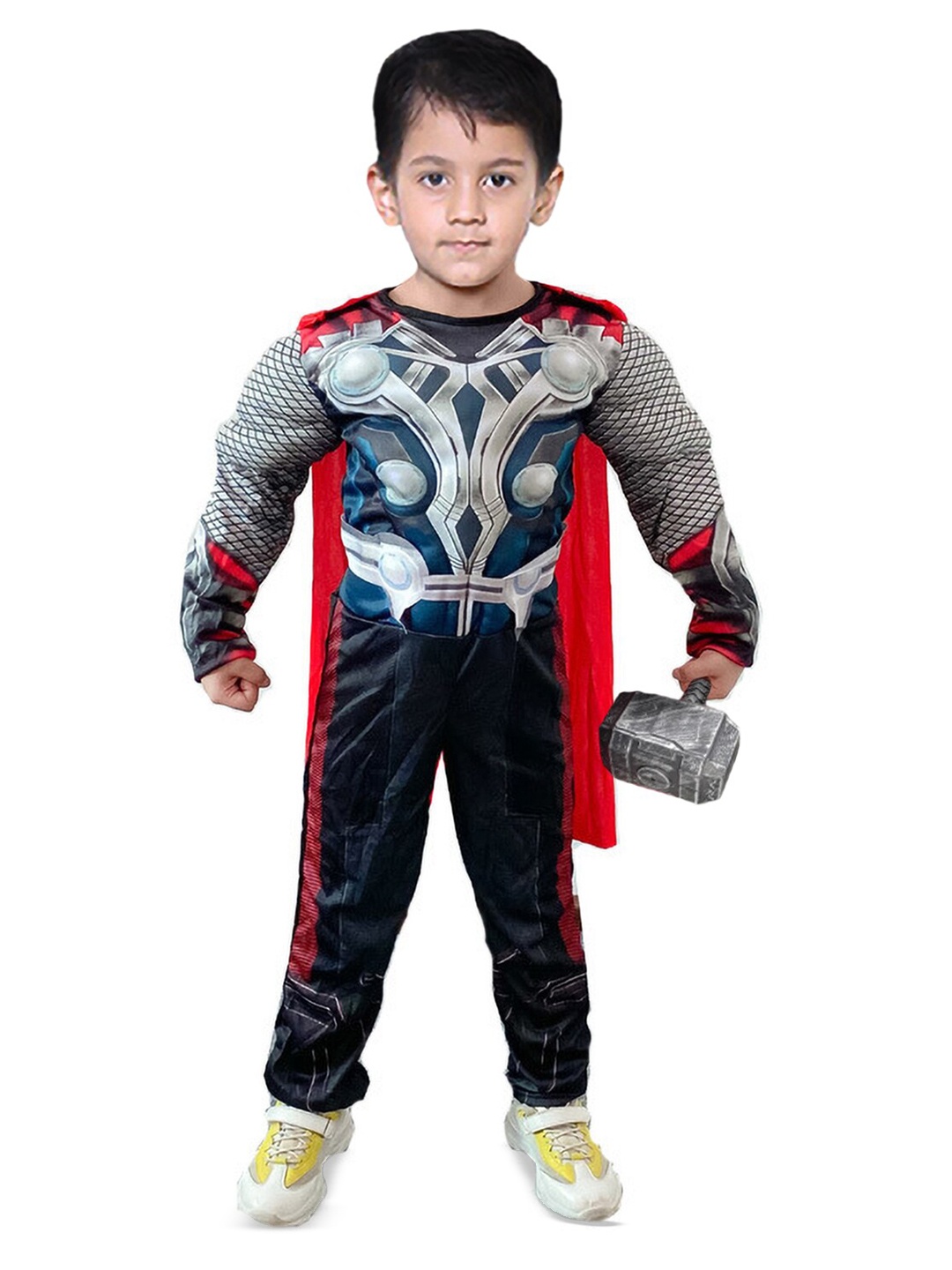

JENNA Kids Muscular Arms Halloween Thor Costume & Cloak with Hammer, Grey