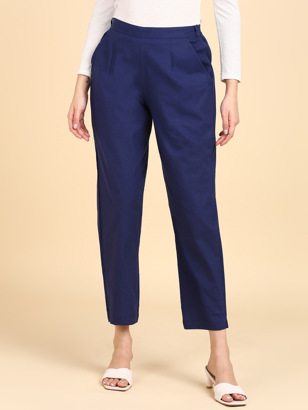 

VEDANA Women Relaxed Straight Leg Pleated Cropped Cotton Trousers, Blue