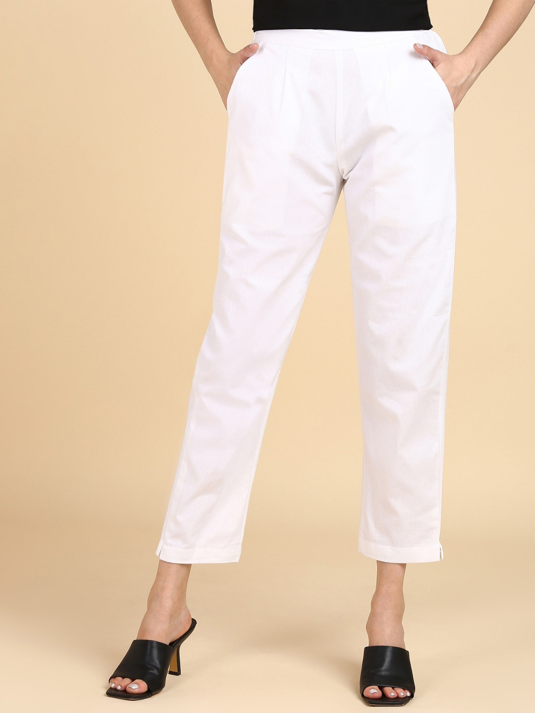 

VEDANA Women Relaxed Straight Leg Cropped Cotton Trousers, White