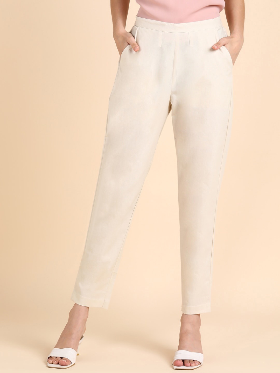 

VEDANA Women Relaxed Straight Leg Cropped Cotton Trousers, Off white