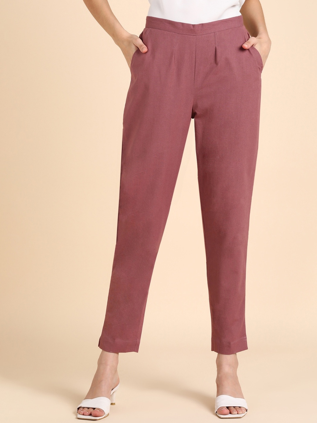 

VEDANA Women Relaxed Straight Leg Pleated Cotton Cropped Regular Trousers, Rose