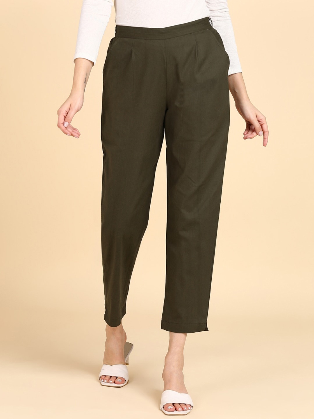 

VEDANA Women Relaxed Straight Leg Pleated Cotton Cropped Regular Trousers, Olive