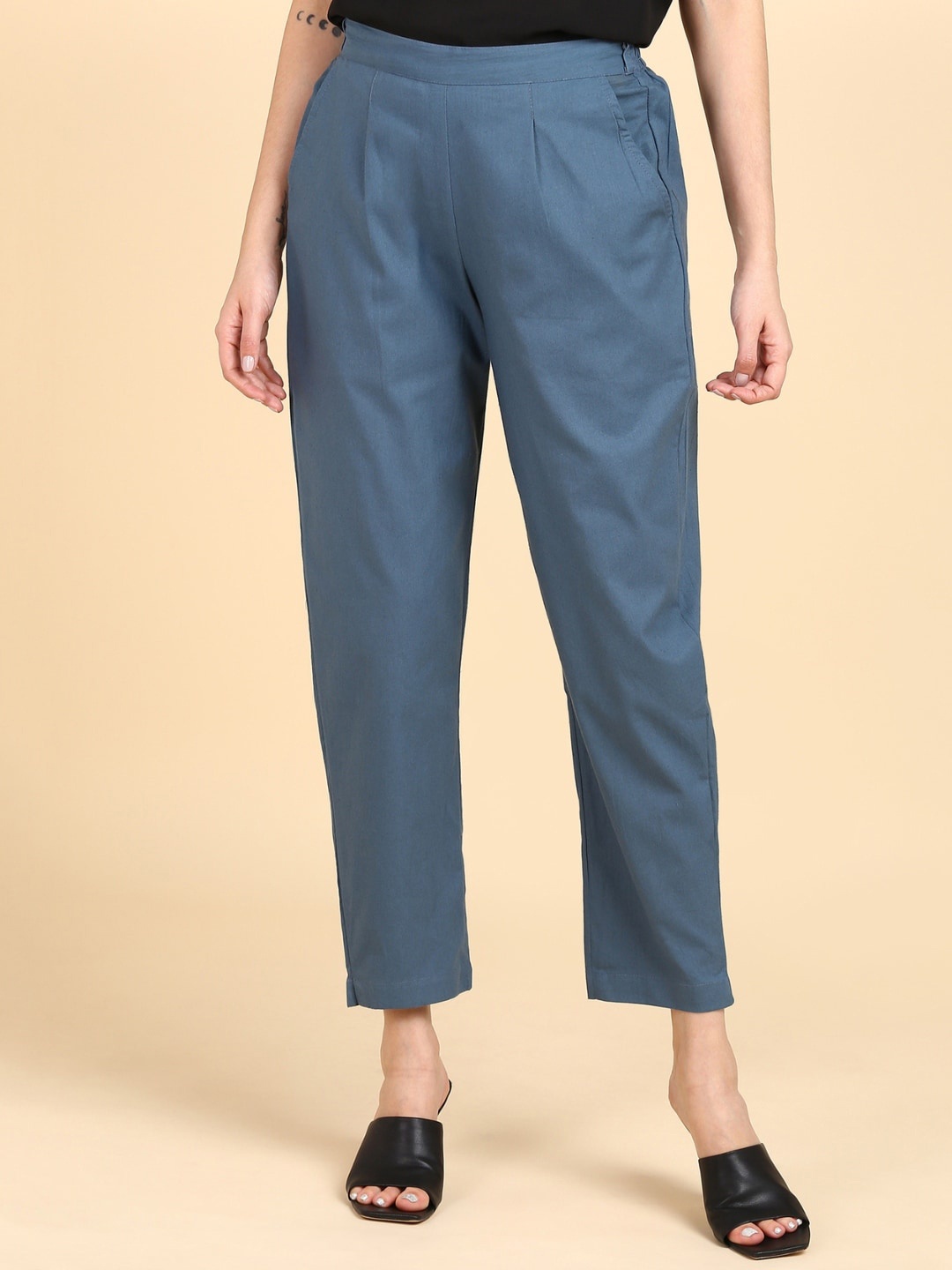 

VEDANA Women Relaxed Straight Leg Cropped Cotton Trousers, Steel