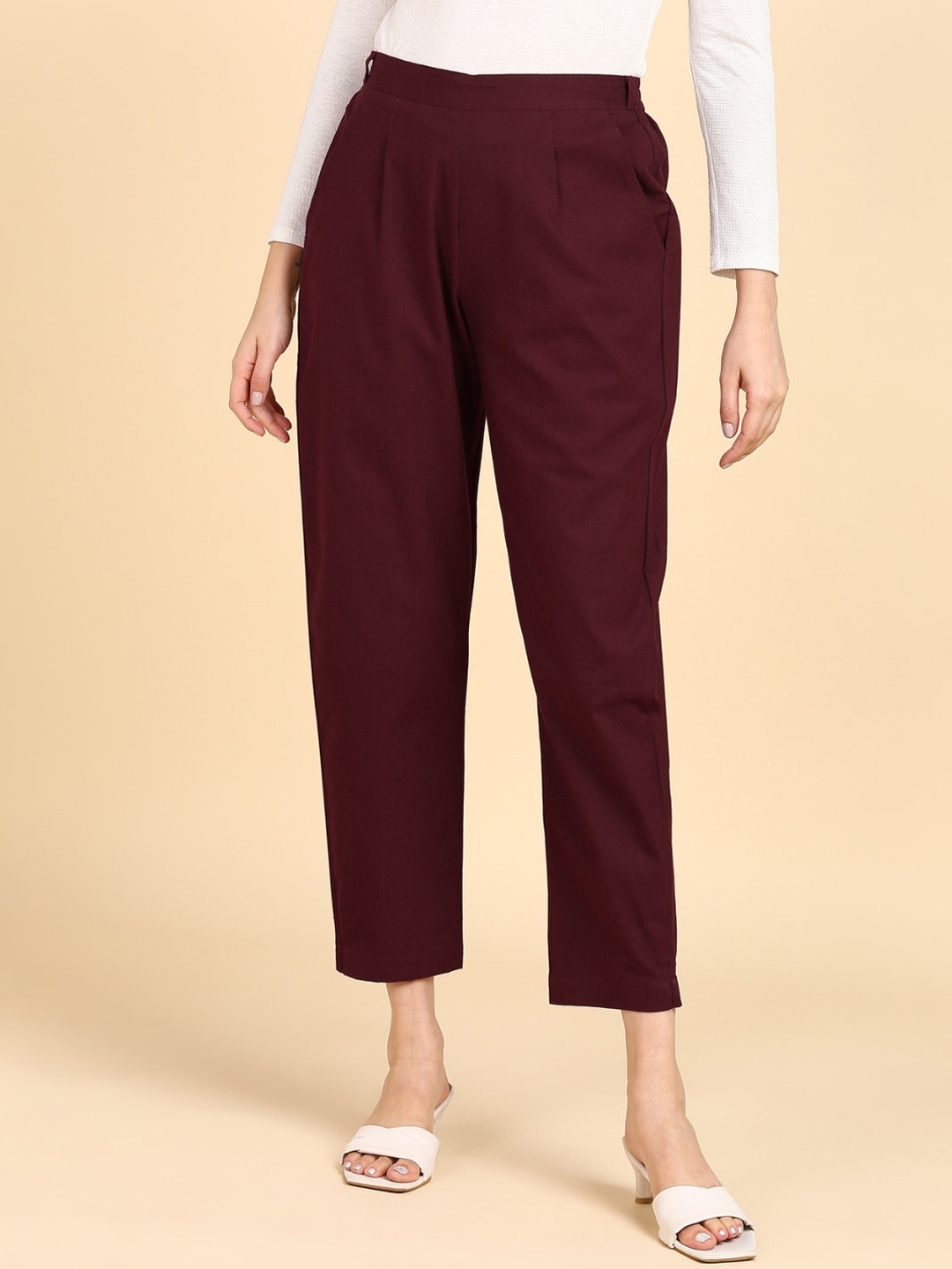 

VEDANA Women Relaxed Straight Leg Pleated Cropped Cotton Trousers, Maroon