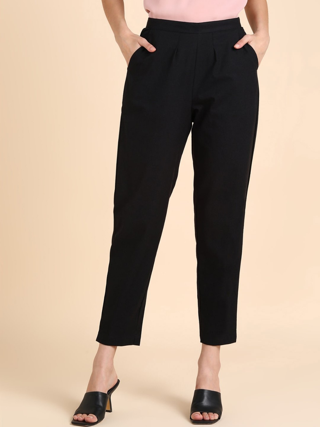 

VEDANA Women Relaxed Straight Leg Cropped Cotton Trousers, Black