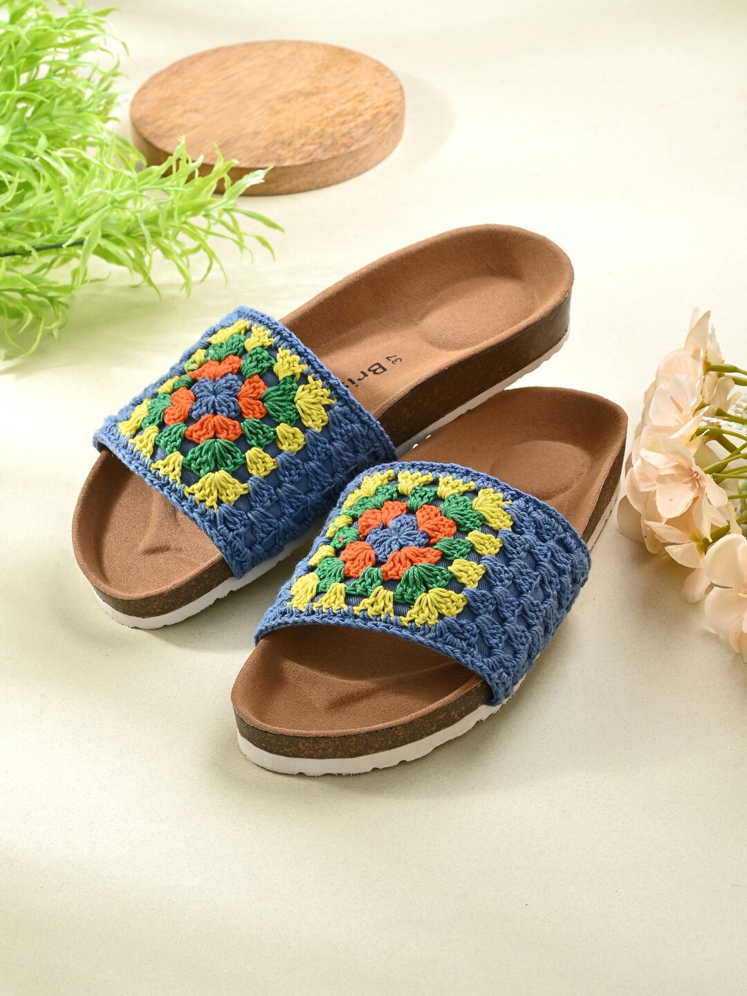 

BRISKERS Women Floral Crochet Sliders, Blue