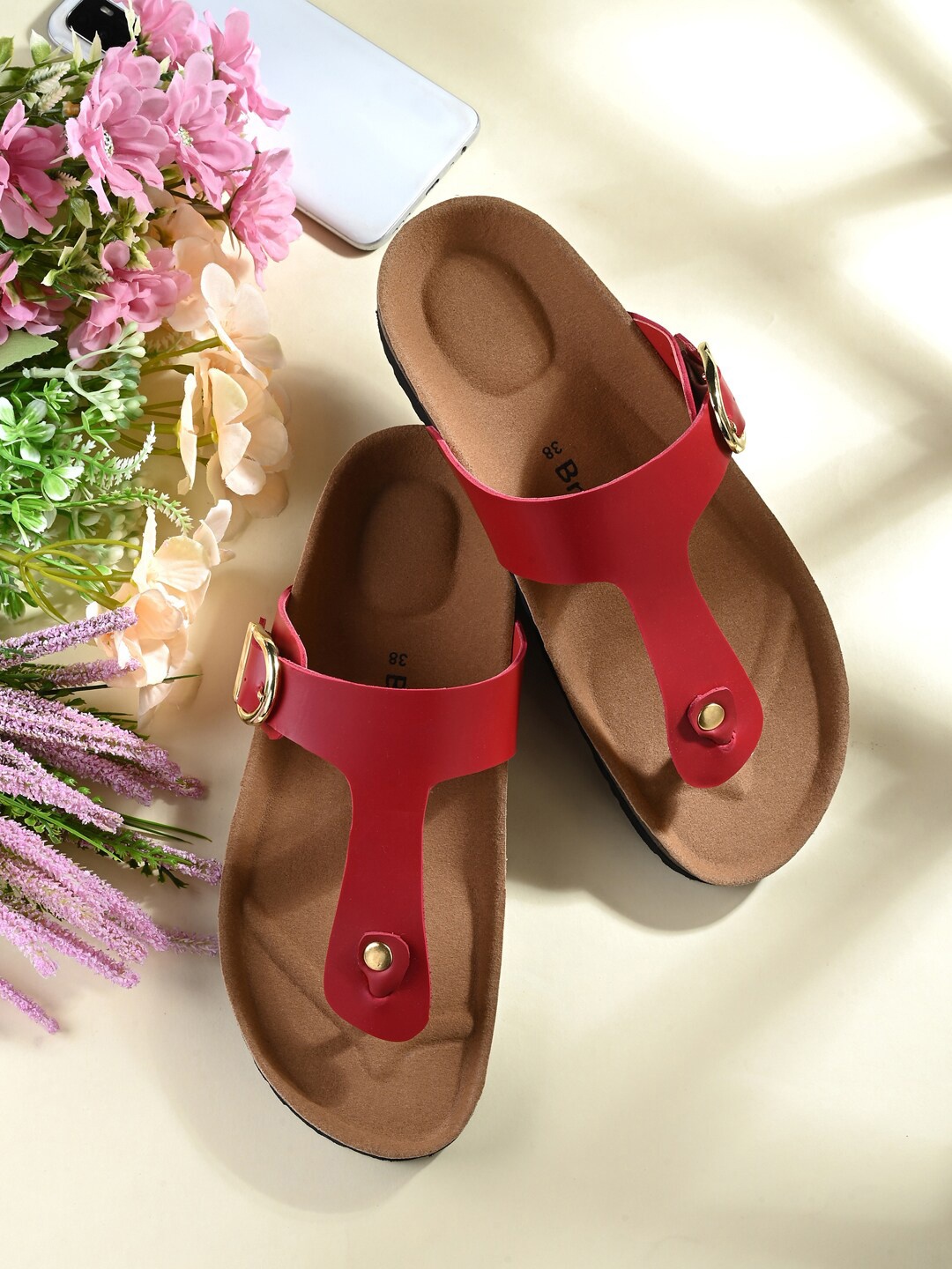 

BRISKERS Women Open Toe T-Strap Flats With Buckles, Red