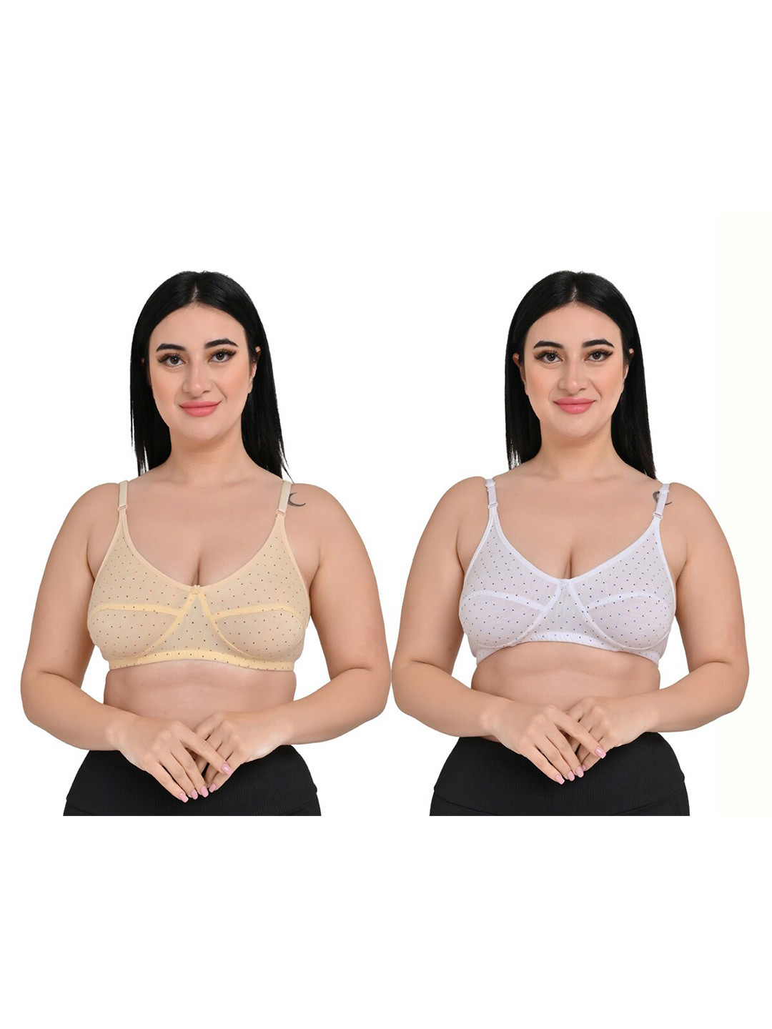 

Piylu Pack Of 2 Polka Dot Printed Cotton Bra With Non Padded Full Coverage Underwired, White
