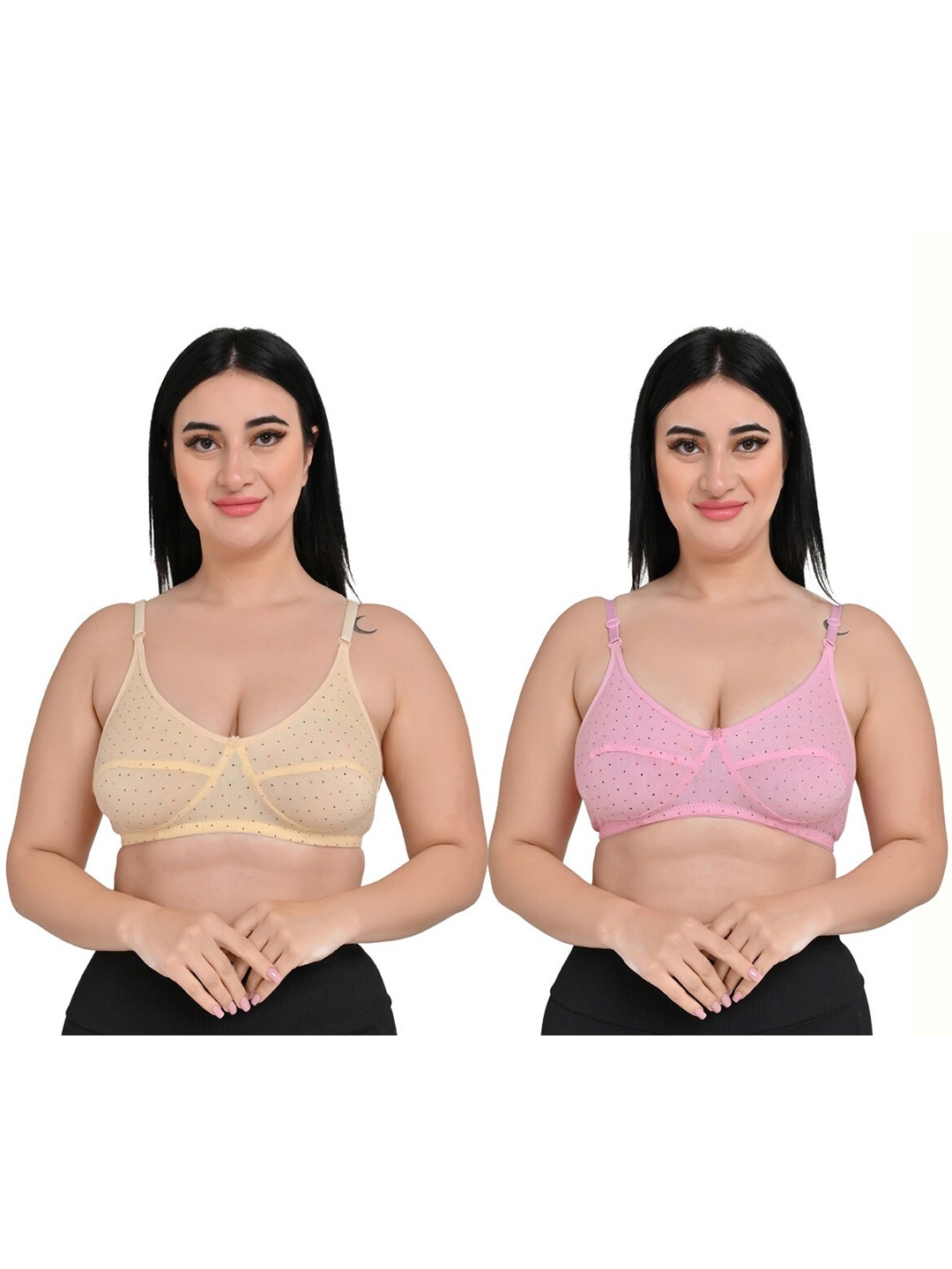 

Piylu Pack Of 2 Polka Dot Printed Cotton Bra With Non Padded Full Coverage Underwired, Beige