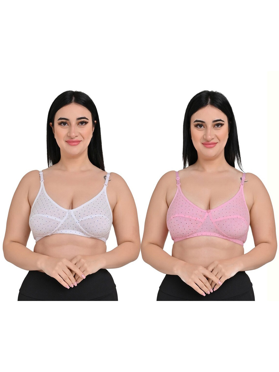 

Piylu Pack Of 2 Polka Dot Printed Cotton Bra With Non Padded Full Coverage Underwired, White