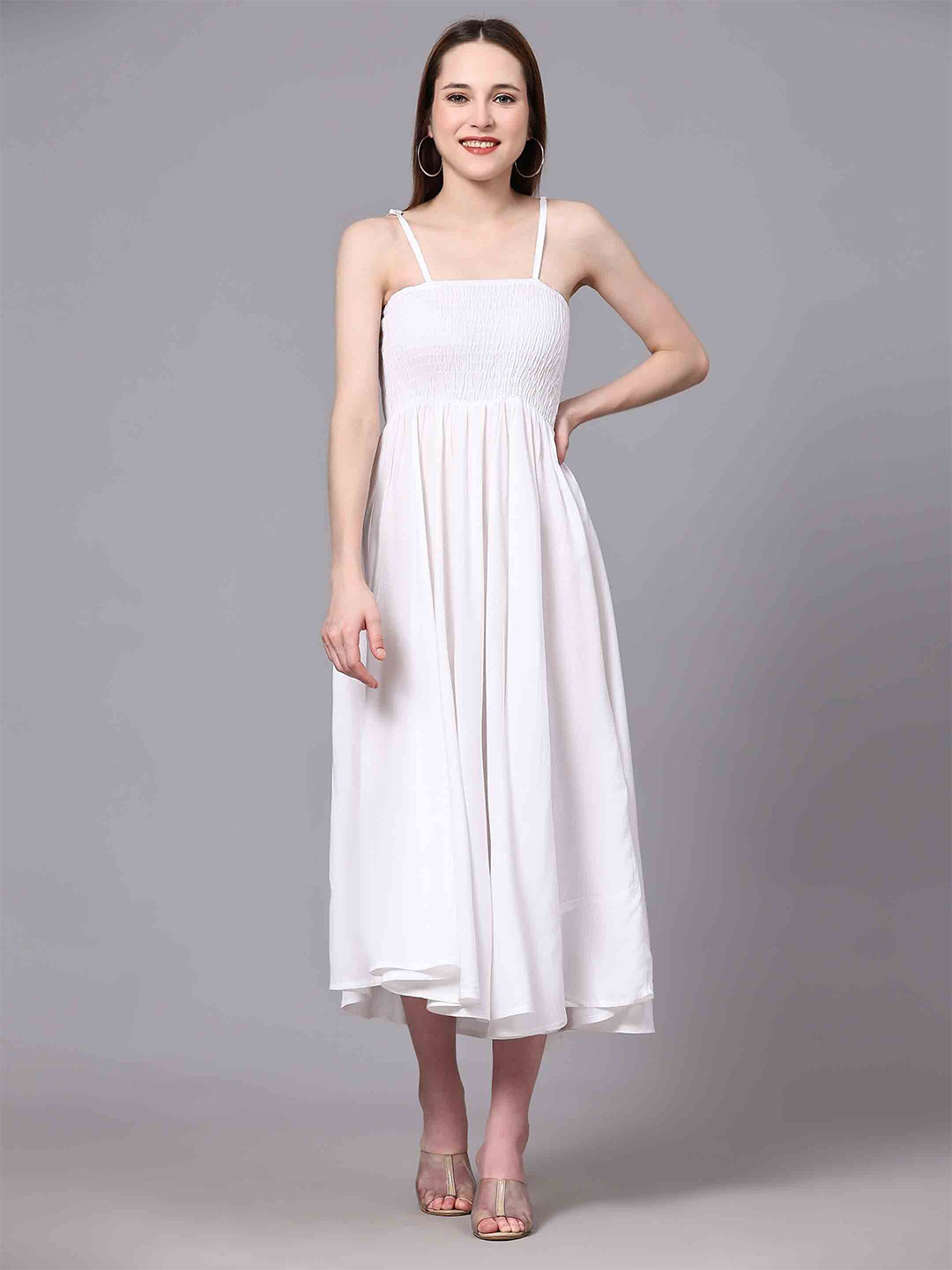 

JAIPUR FASHION MODE Shoulder Straps Smocked Fit & Flare Dress, White