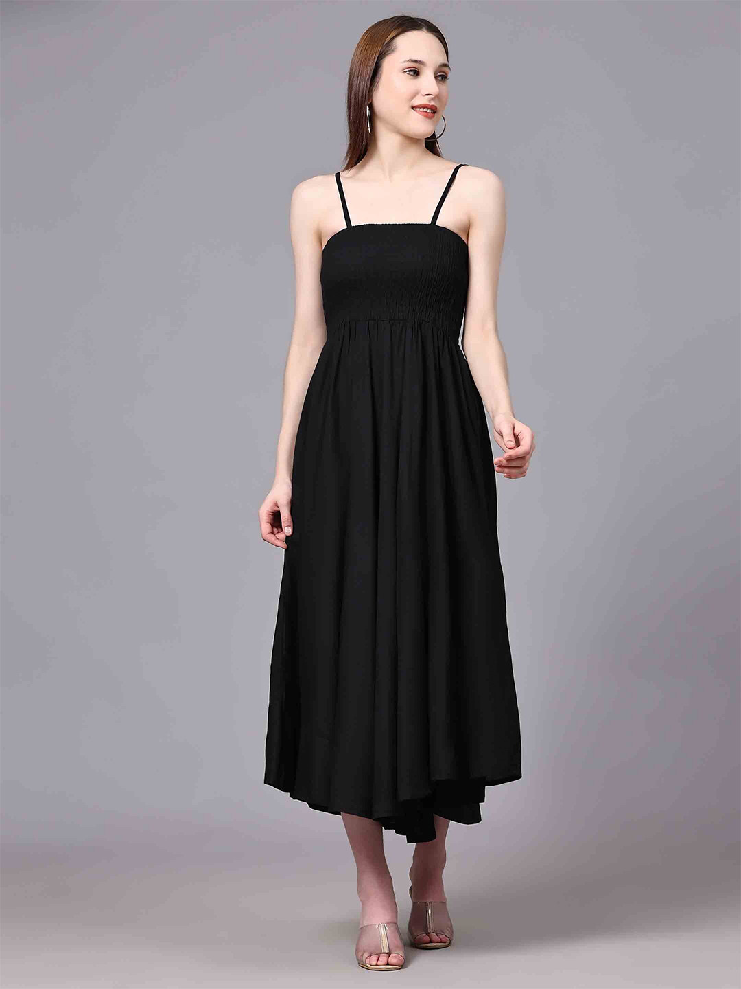 

JAIPUR FASHION MODE Shoulder Straps Smocked Fit & Flare Dress, Black